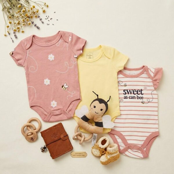 بسته 3 تایی بادی آستین کوتاه دخترانه وارداتی طرح زنبوری به همراه عروسک خواب