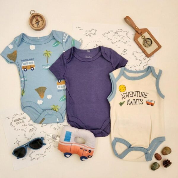 بسته 3 تایی بادی آستین کوتاه پسرانه وارداتی طرح مینی بوس به همراه عروسک خواب