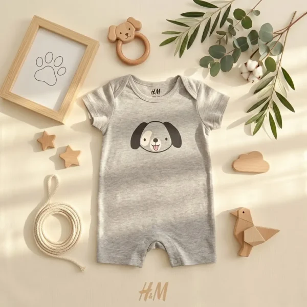 رامپر وارداتی طرح سگ رنگ طوسی برند H&M