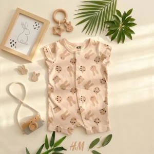 رامپر وارداتی طرح گربه و خرگوش رنگ کرم برند H&M