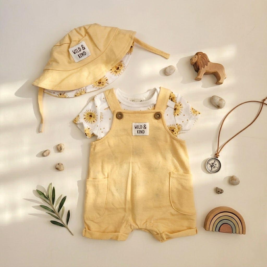 ست 3 تکه وارداتی بیلر و تیشرت به همراه کلاه طرح شیر رنگ لیمویی