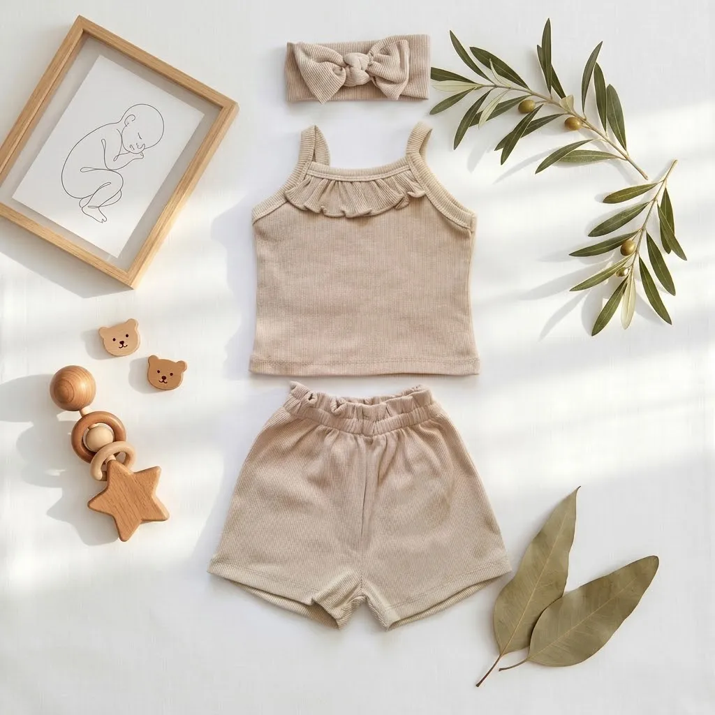 ست 3 تکه وارداتی تاپ و شورتک دخترانه + هدبند رنگ کرم کد 10628