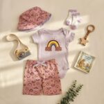 ست 4 تکه وارداتی بادی و شلوارک به همراه کلاه و جوراب طرح رنگین کمان رنگ یاسی