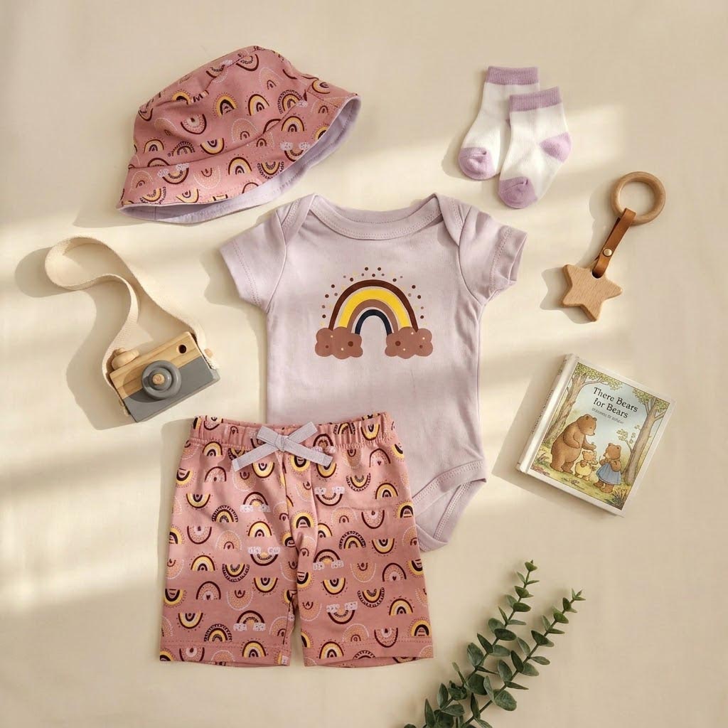 ست 4 تکه وارداتی بادی و شلوارک به همراه کلاه و جوراب طرح رنگین کمان رنگ یاسی