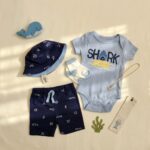 ست 4 تکه وارداتی بادی و شلوارک به همراه کلاه و جوراب طرح کوسه رنگ آبی