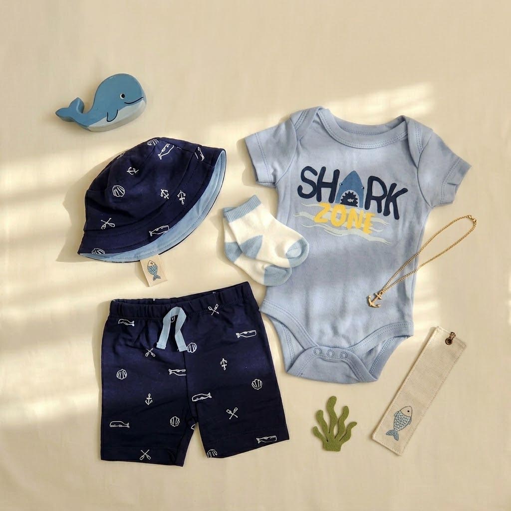 ست 4 تکه وارداتی بادی و شلوارک به همراه کلاه و جوراب طرح کوسه رنگ آبی