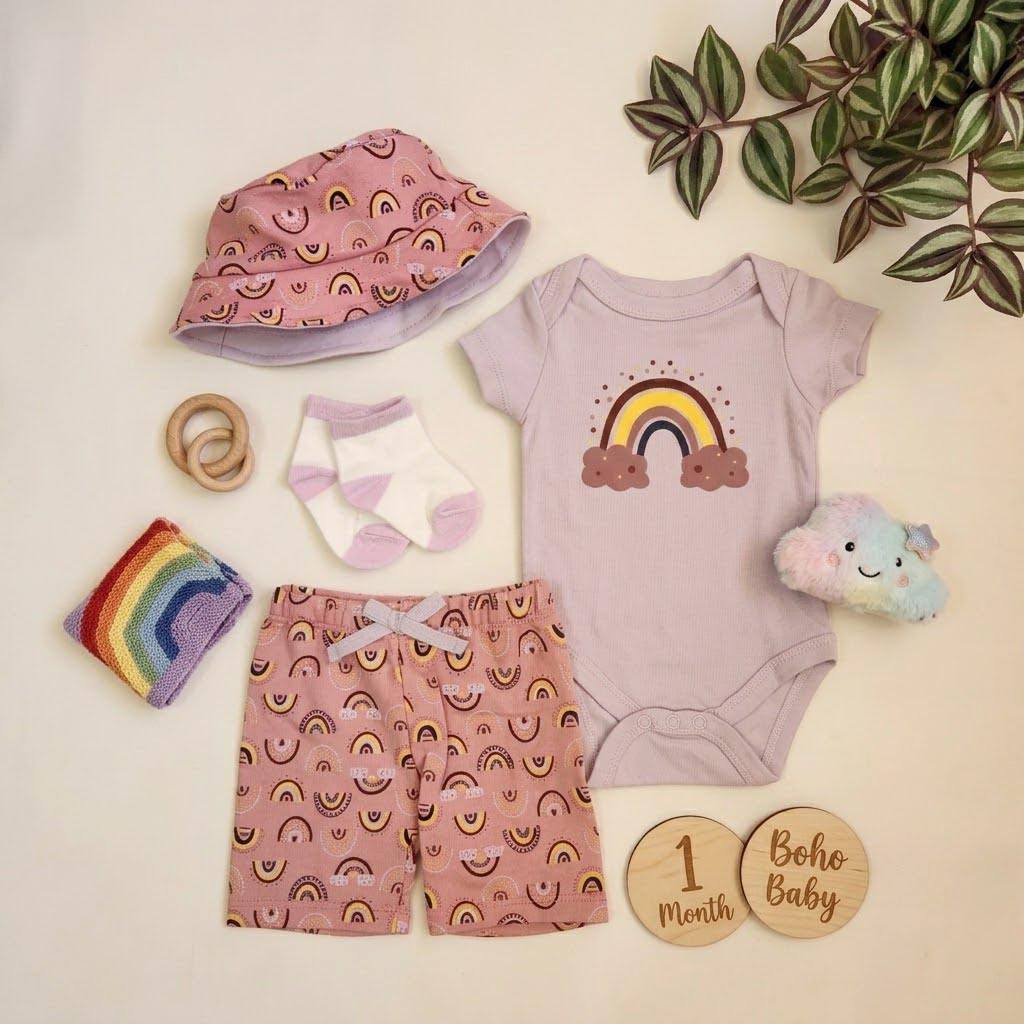 ست وارداتی بادی و شلوارک به همراه کلاه و جوراب طرح رنگین کمان رنگ یاسی