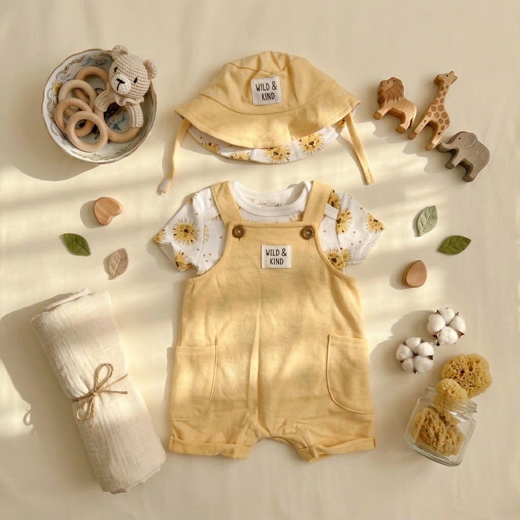 ست وارداتی بیلر و تیشرت به همراه کلاه طرح شیر رنگ لیمویی