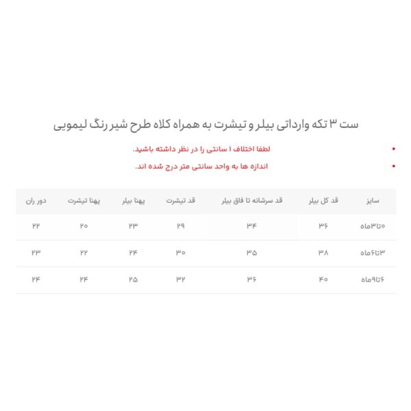 سایز بندی ست ۳ تکه وارداتی بیلر و تیشرت به همراه کلاه طرح شیر رنگ لیمویی