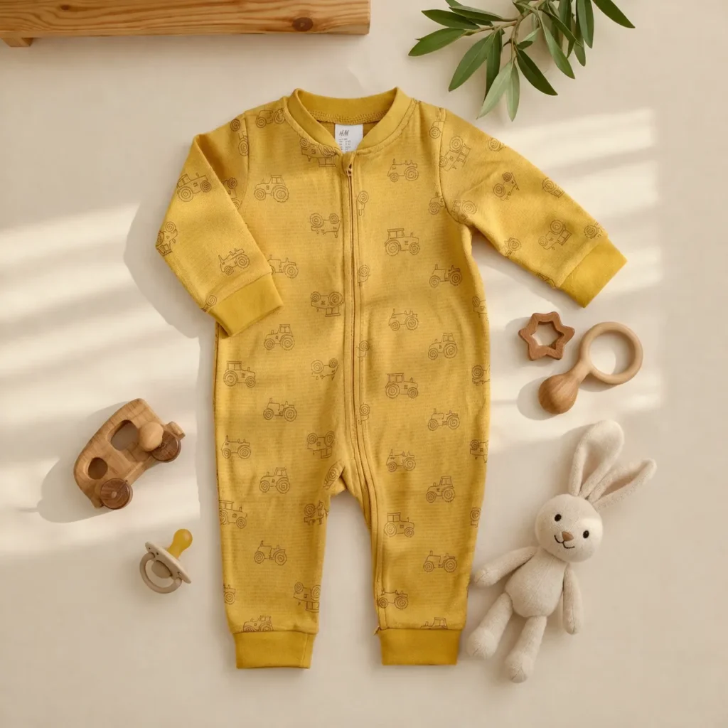 سرهمی دوزیپ وارداتی طرح تراکتور رنگ خردلی برند H&M