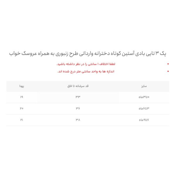سایز بندی پک 3 تایی بادی آستین کوتاه دخترانه وارداتی طرح زنبوری به همراه عروسک