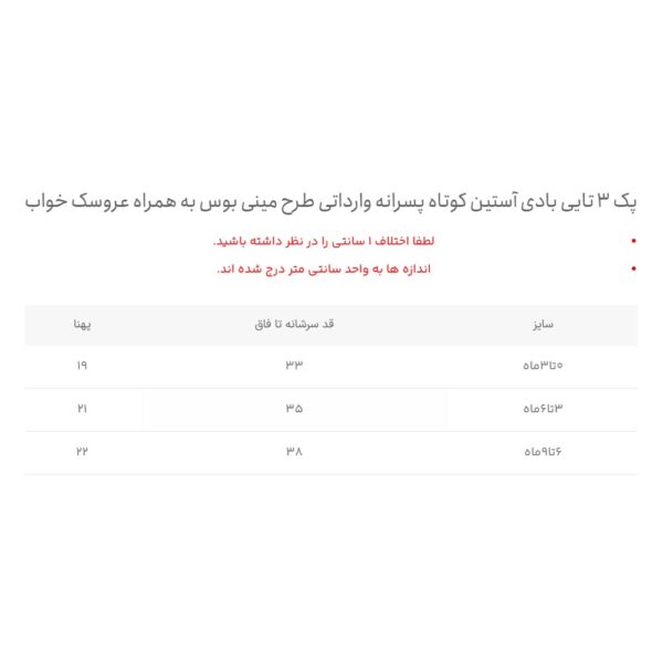 سایز بندی پک ۳ تایی بادی آستین کوتاه پسرانه وارداتی طرح مینی بوس به همراه عروسک خواب