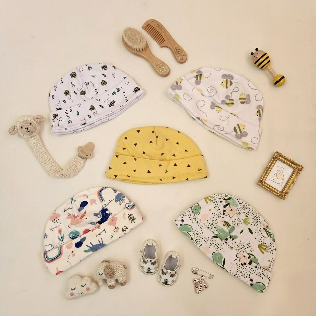 کلاه نوزادی وارداتی تم سفید زرد برند Carters