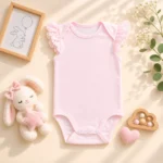بادی آستین کوتاه وارداتی ساده مدل آستین چین دار رنگ صورتی روشن برند H&M