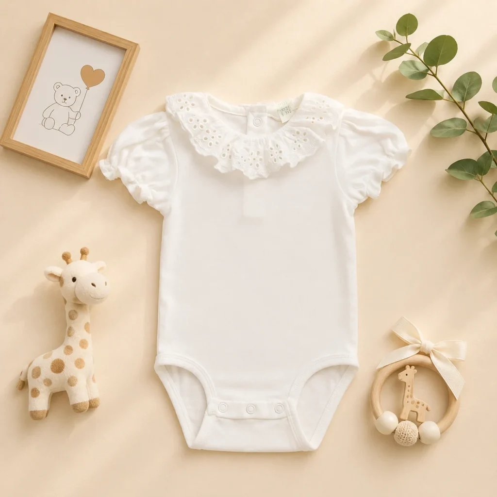 بادی آستین کوتاه وارداتی ساده یقه چین دار رنگ سفید برند H&M