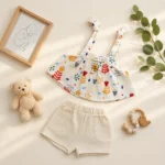 ست تاپ و شورتک دخترانه طرح باغ لاله رنگ کرم کد 10678