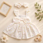 ست پیراهن دخترانه پرمیوم و هدبند طرح گلدار رنگ شیری برند totobaby