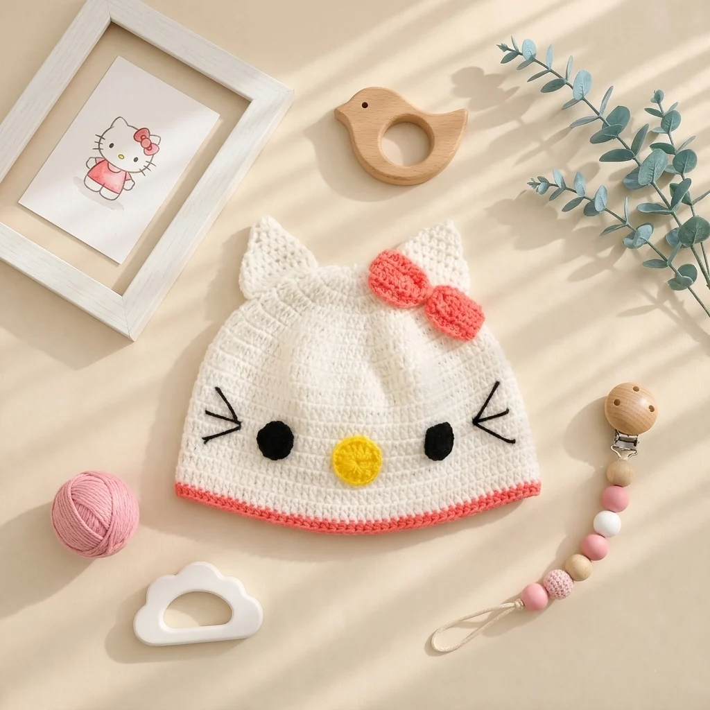 کلاه نوزادی دستبافت طرح کیتی پاپیونی برند totobaby