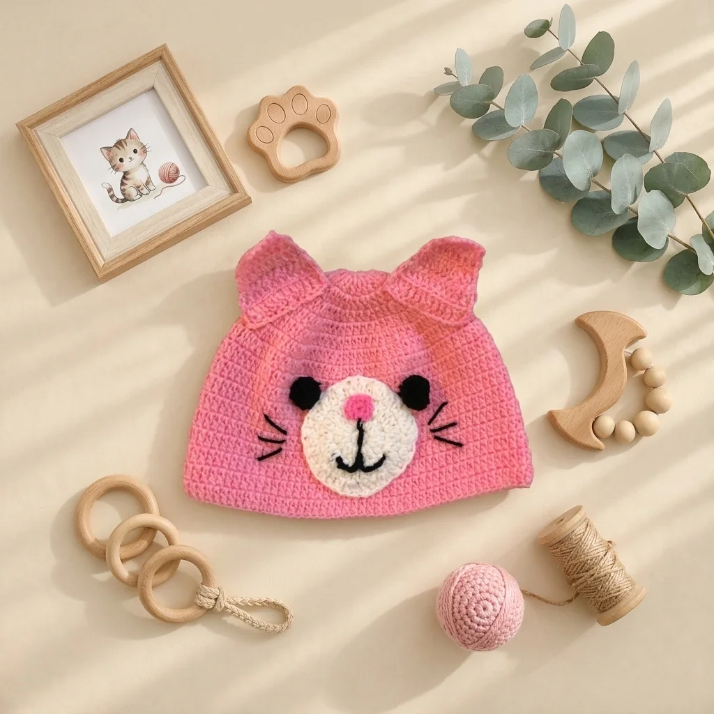 کلاه نوزادی دستبافت طرح گربه صورتی برند totobaby