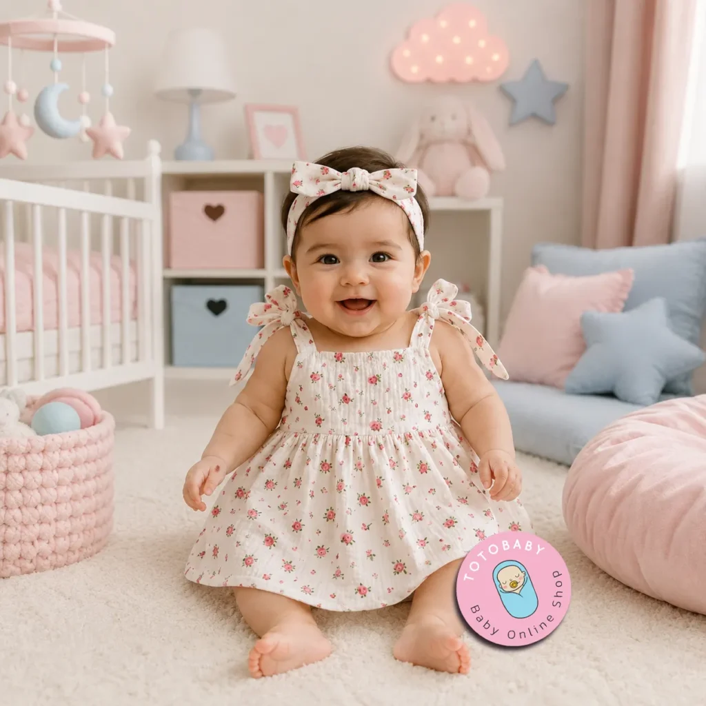 تن خور ست پیراهن و هدبند دخترانه پریمیوم طرح گل سرخ رنگ سفید برند Totobaby