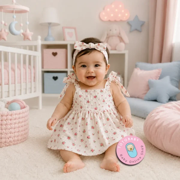 تن خور ست پیراهن و هدبند دخترانه پریمیوم طرح گل سرخ رنگ سفید برند Totobaby