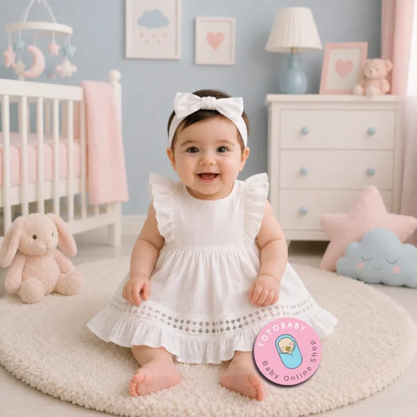 تن خور پیراهن دخترانه پریمیوم گیپور‌دوزی رنگ سفید برند Totobaby