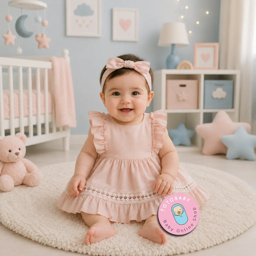 تن خور پیراهن دخترانه پریمیوم گیپور‌دوزی رنگ گلبهی برند Totobaby
