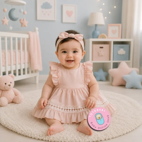 تن خور پیراهن دخترانه پریمیوم گیپور‌دوزی رنگ گلبهی برند Totobaby
