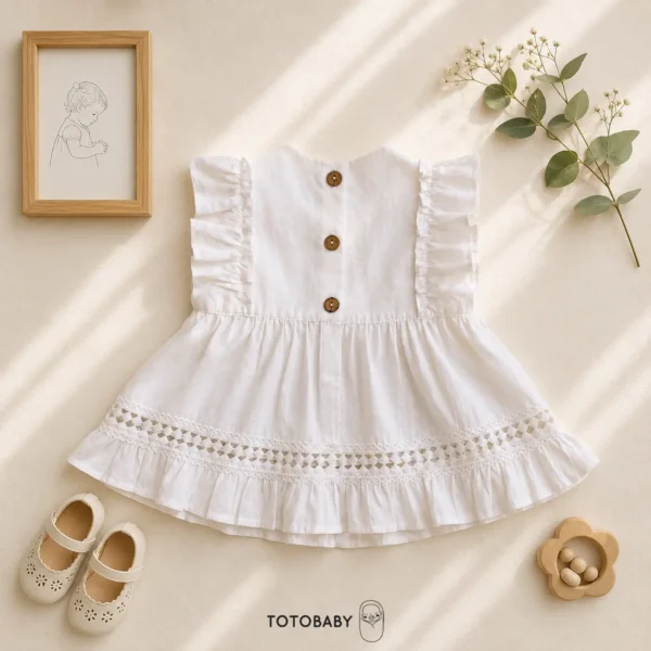 خرید پیراهن دخترانه پریمیوم گیپور‌دوزی رنگ سفید برند Totobaby