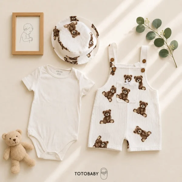 ست بیلر و بادی و کلاه پریمیوم طرح تدی رنگ سفید برند Totobaby