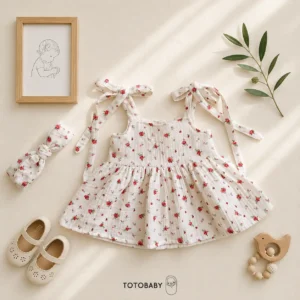 ست پیراهن و هدبند دخترانه پریمیوم طرح گل سرخ رنگ سفید برند Totobaby