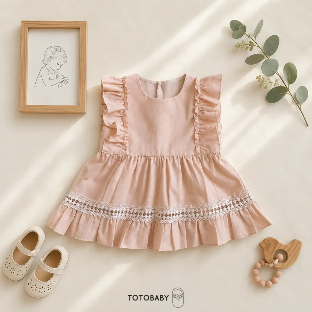 پیراهن دخترانه پریمیوم گیپور‌دوزی رنگ گلبهی برند Totobaby