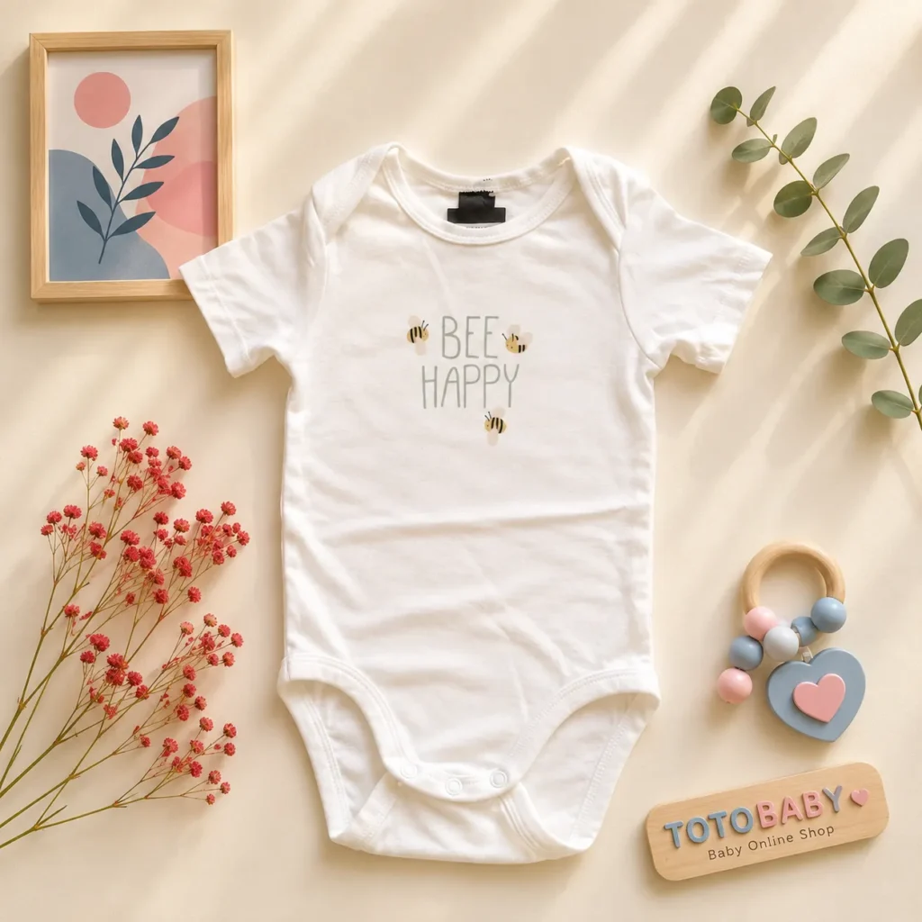 بادی آستین کوتاه وارداتی طرح BEE HAPPY رنگ سفید برند H&M