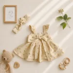 ست پیراهن دخترانه پریمیوم و هدبند طرح گلدار رنگ شیری برند totobaby