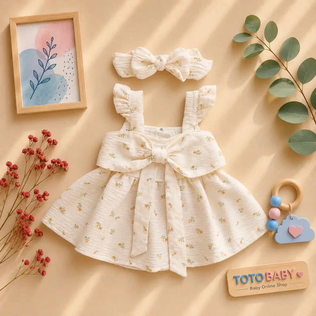 ست پیراهن دخترانه پریمیوم و هدبند طرح گلدار رنگ کرم برند totobaby