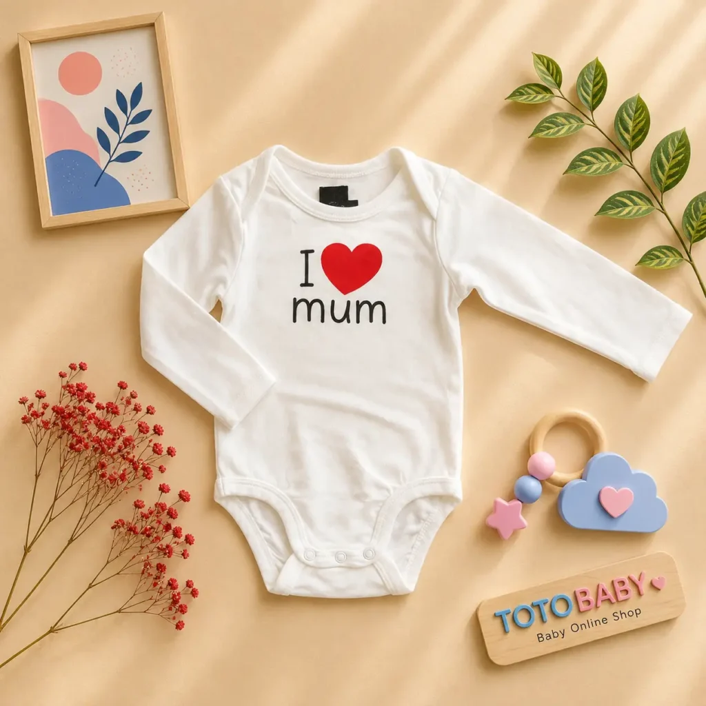 بادی آستین بلند وارداتی طرح i love mum رنگ سفید برند H&M