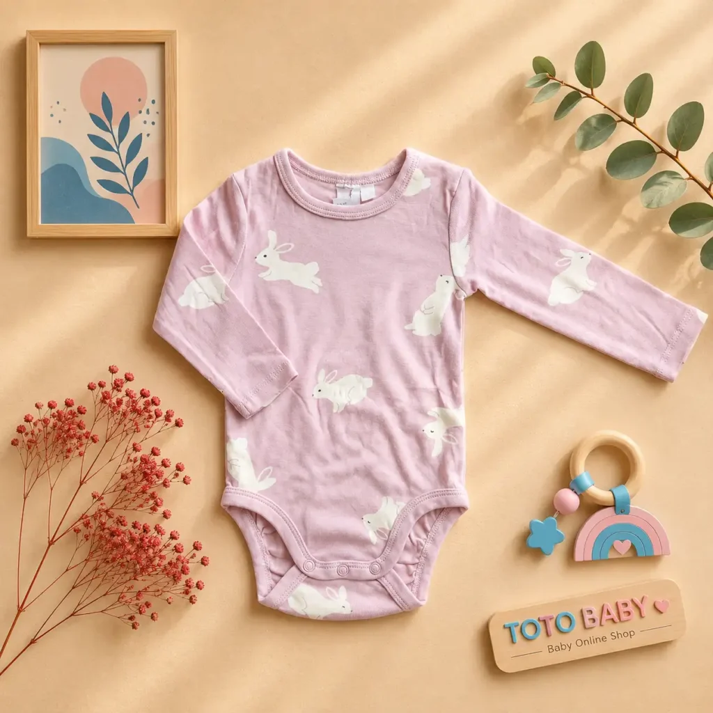 بادی آستین بلند وارداتی طرح خرگوش رنگ صورتی برند H&M