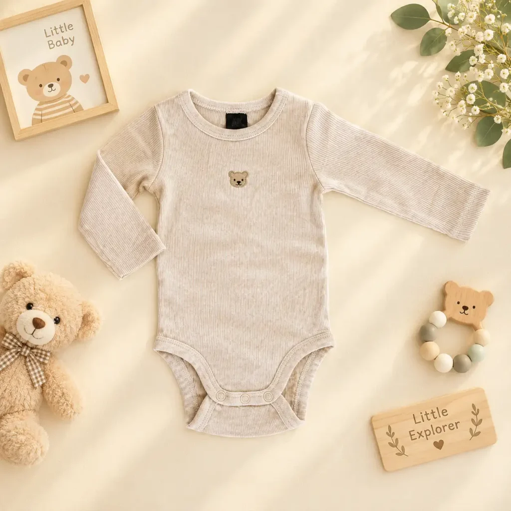 بادی آستین بلند نوزادی وارداتی کبریتی طرح تدی رنگ کرم برند H&M