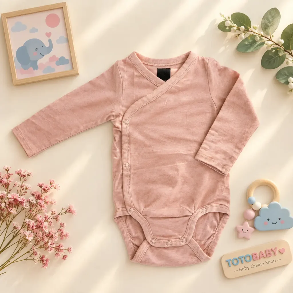 بادی آستین بلند نوزادی وارداتی یقه هفت ساده رنگ صورتی چرک برند H&M