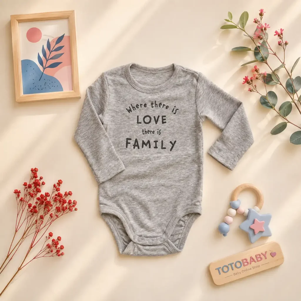 بادی نوزادی آستین بلند وارداتی love is family رنگ طوسی برند H&M