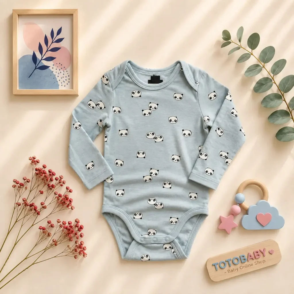 بادی نوزادی آستین بلند وارداتی طرح پاندا رنگ آبی برند H&M
