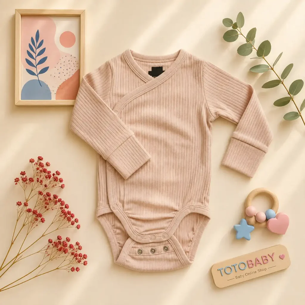 بادی نوزادی آستین بلند وارداتی یقه هفت کبریتی ساده رنگ صورتی برند H&M
