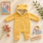 سرهمی زمستانی نوزادی وارداتی جوراب دار و کلاه دار موهر ساده رنگ زرد برند ackermans baby